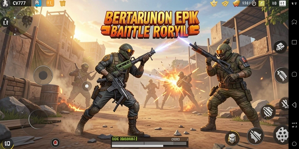 Tampilan gameplay seru dalam pertempuran Battle Royale yang intens.