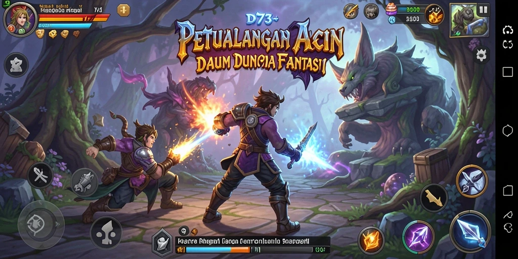 Screenshot D73 menampilkan karakter beraksi dalam pertempuran seru di dunia fantasi.
