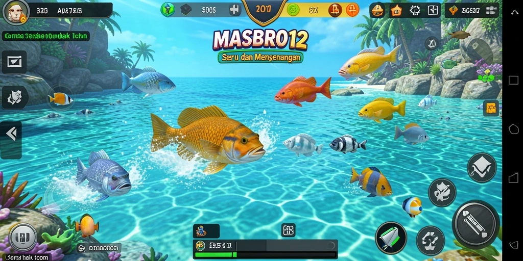 Screenshot gameplay <strong>MASBRO12</strong> menunjukkan aksi seru menangkap ikan dengan grafis yang memukau.