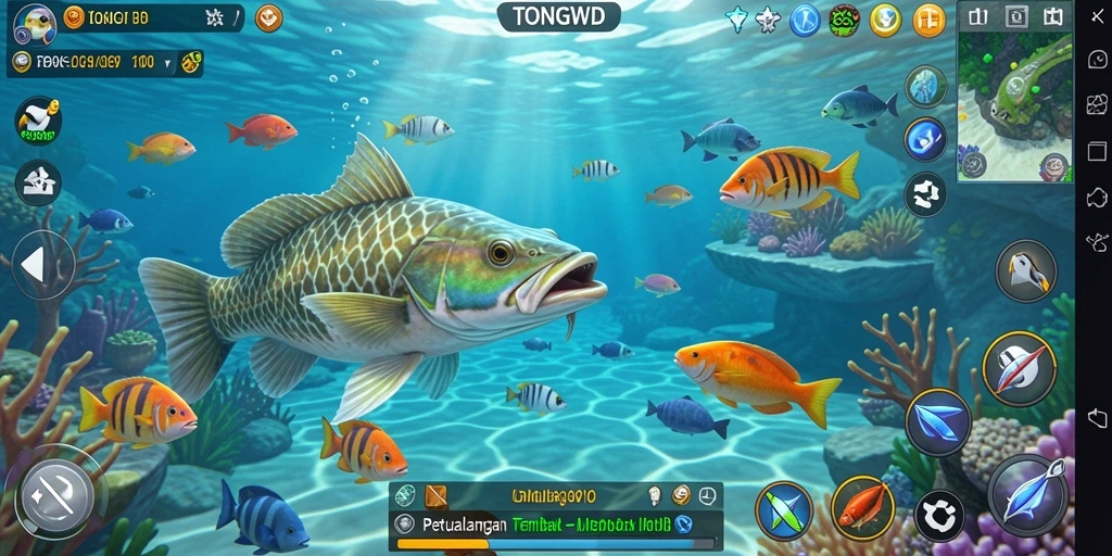 Screenshot gameplay TONGWD yang menampilkan aksi menembak ikan.